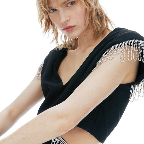 H&M Studio‎ Collections 2022 Black Rhinestone Detail Cutout Mini Black Dress XL - Picture 5 of 16